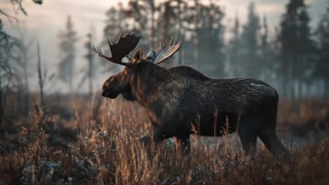Majestic moose standing in natural habitat forest environment