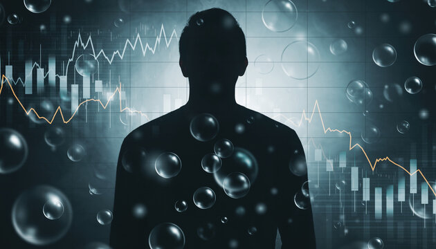 Silhouette of a person with financial bubbles and charts in the background, representing financial uncertainty.