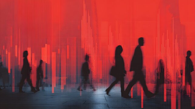 Silhouetted figures walk across a street beneath a dramatic backdrop of falling financial data visualizations.