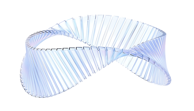 Abstract iridescent curved ribbon object with subtle blue and white stripes isolated on transparent background