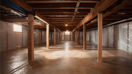 Fototapeta premium Subterranean living space features exposed wooden beams and support posts over a concrete floor