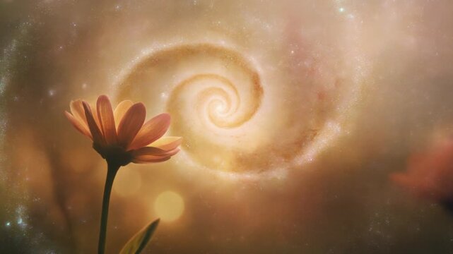 Cosmic Bloom: A single, delicate flower in full bloom stands before a mesmerizing galaxy-like spiral, a stunning display of nature's beauty and the cosmos's wonder.