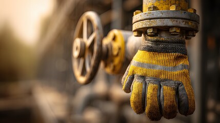 Protective work glove hangs suspended from a heavily bolted industrial pipe connection near a control wheel
