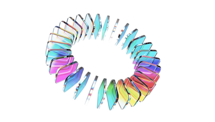 Abstract colorful iridescent spiral vortex shape with light reflections isolated on transparent background