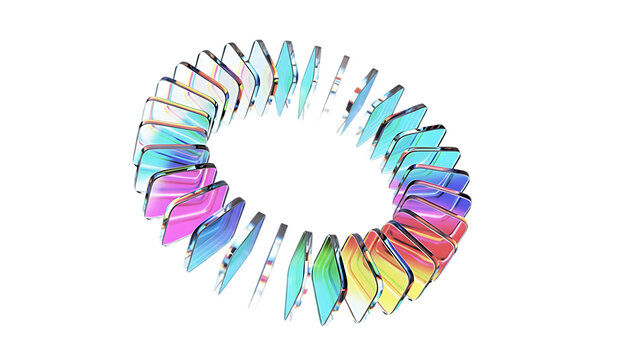 Abstract colorful iridescent spiral vortex shape with light reflections isolated on transparent background