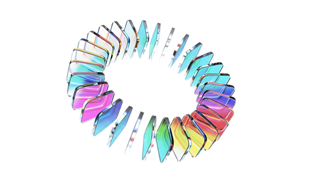 Abstract colorful iridescent spiral vortex shape with light reflections isolated on transparent background