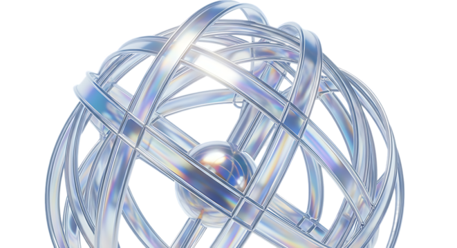 Abstract luminous iridescent orb with intricate interwoven strands isolated on transparent background