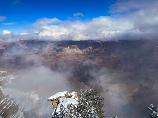 Low clouds hang over the Grand Canyon during winter