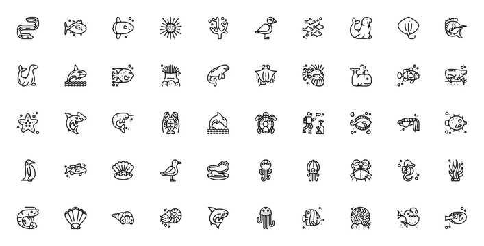 Sea life icon set. Marine vector illustrations. Featring whale, shark, dolphin octopus, turtle, jellyfis, crab, seahorse, seal, ora and more. Editable strok.