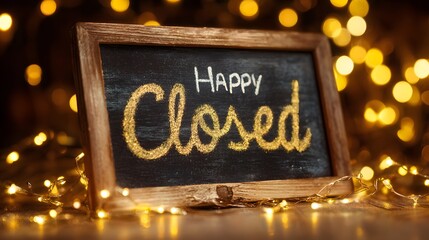 Small framed chalkboard sign displays sparkling gold script reading happy closed against a warm bokeh background