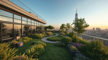 Tranquil rooftop garden merging nature with urban landscape, offering serenity and breathtaking views.
