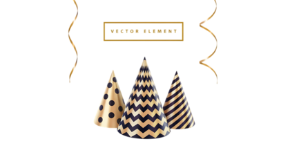Elegant party hats with gold accents and decorative ribbons isolated on transparent background