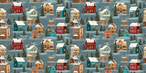 Seamless Pattern of Winter Village with Snowfall and Cozy Houses on Light Blue Background, Calm Christmas Scene for Wrapping Paper and Home Decor