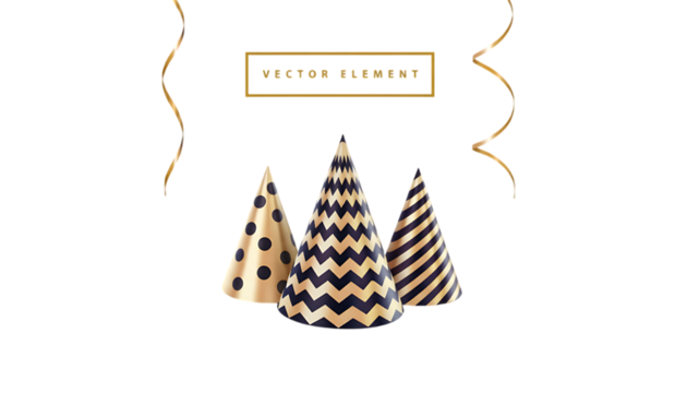 Elegant party hats with gold accents and decorative ribbons isolated on transparent background