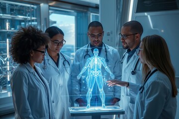 A diverse team of medical professionals examining a holographic display of a human body scan.