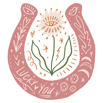 Pink lucky horseshoe with mystical folk art floral elements vector hand drawn illustration. Modern folk patterned image inspired by groovy hippie vibe and nursery dry brush style, childish unique clip