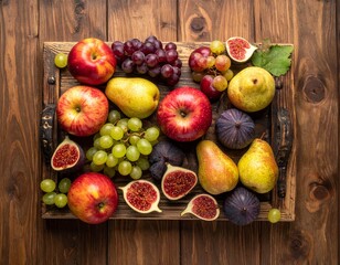 An overhead shot of various seasonal fruits such as apples, grapes, pears, figs, and plums arranged on a rustic wooden surface, warm natural tones
