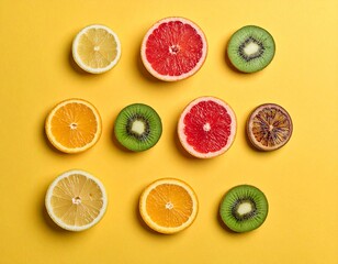 A minimalist top-down flat lay of various sliced fruits arranged with ample negative space, bold contrasting colors