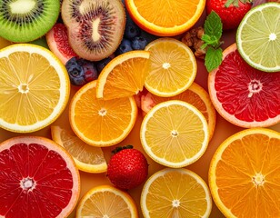 A minimalist top-down flat lay of various sliced fruits arranged with ample negative space, bold contrasting colors, clean modern aesthetic, realistic high-detail