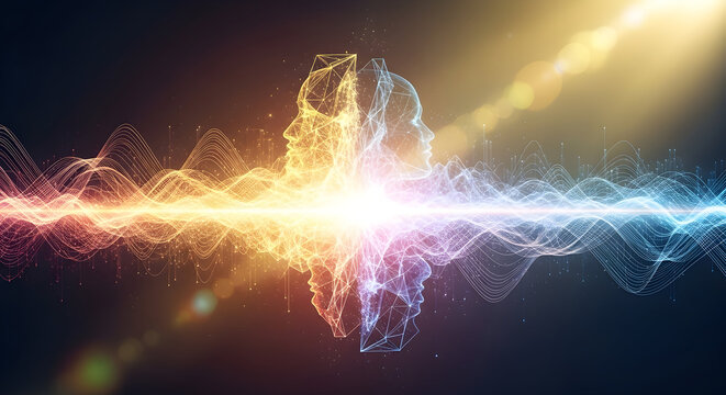 Conceptual digital illustration portraying communication and connection between minds