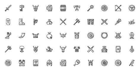 Viking_6078 icon set. Vector illustration featuring ymbols for sword, Thor hamer, skull, beer, axe, helmt, shield, ship, runes andmore.