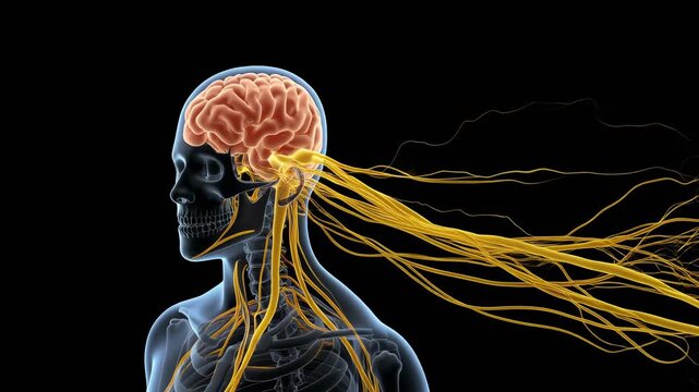 Detailed illustration of the human nervous system, focusing on the vestibulocochlear nerve and brain