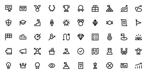 Success icon set. Vector achievement symbols collecton. Includes medal, trophy crown, award, goal, victoy, winner, growth, trophy,diploma, star and more.