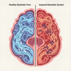 Comparison of healthy and impaired Glymphatic System in the brain. CSF flow (blue) effectively clears waste, while impaired function leads to toxic protein accumulation.
