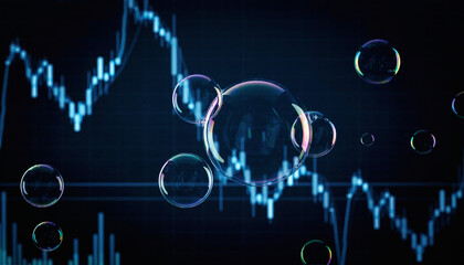A symbolic image featuring soap bubbles over a graph representing financial market trends. The bubbles may represent the volatility or potential instability