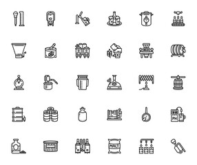Distilling and brewing icon set. Vector illustration Includes symbols for beer malt, barrels, brewing, dstillation, boiler, grinde, press and more.