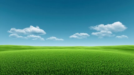 Lush Green Field Under Bright Blue Sky with Fluffy White Clouds in Horizon View on a Sunny Day in Nature's Serene Landscape