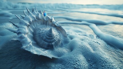 Close-Up of a Spiral Sea Shell Resting on the Shore with Gentle Waves and Soft Foam in the Background