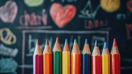 Colorful Set of Crayons on a Blackboard Background with Abstract Drawings and Shapes Depicting Creativity and Fun
