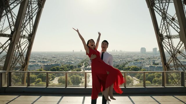 Man Proposes to Woman at Eiffel Tower in Paris, Celebration, Romance