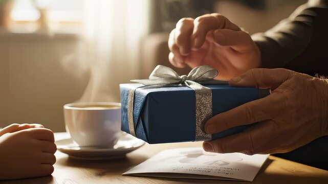 Child Gives Blue Gift to Adult on Table With Coffee and Card