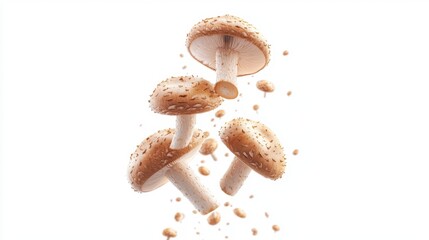 Fototapeta premium Floating Mushrooms on White Background with Suspended Particles Creating a Unique and Eye-Catching Culinary Visual