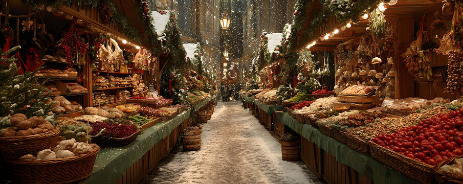 Winter christmas Market Stalls decortative. wide banner - Powered by Adobe