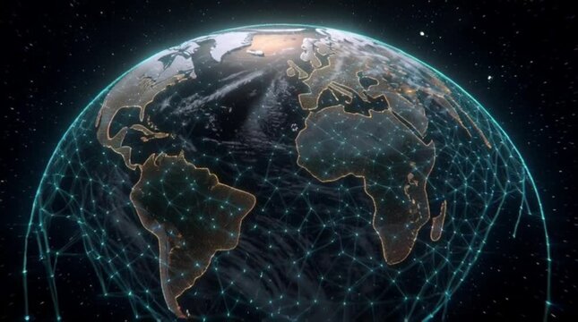 Digital rendering of Earth with interconnected network lines overlaying continents, set against a dark, starry space background.