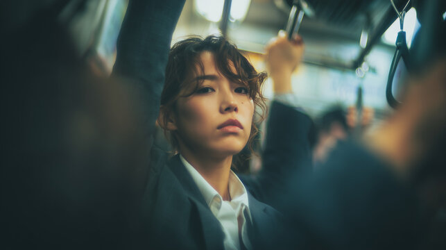 Confident Young Asian Businesswoman Commuting on a Train, Looking at Camera with Resolute and Challenging Expression
