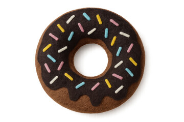 Felt doughnut toy with chocolate icing and sprinkles