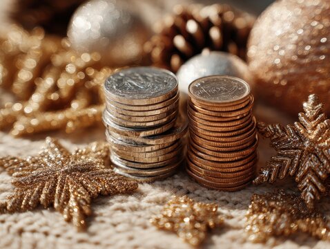 Stacked Metallic Coins with Holiday Decorations and Glittery Ornaments