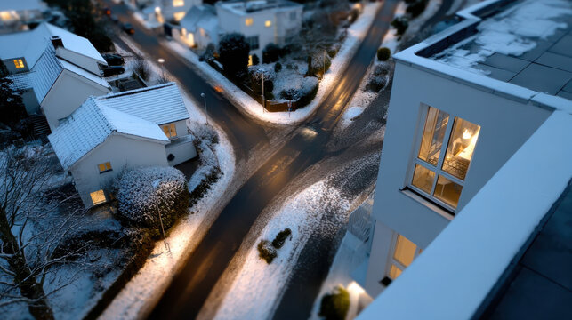 A quiet residential street bathed in the soft glow of streetlights creates a serene atmosphere, showcasing the beauty of a winter evening in a cozy neighborhood.