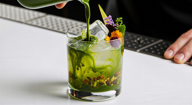 Pouring green matcha cocktail with edible flowers into glass for summer bar menu and drink advertising - Powered by Adobe