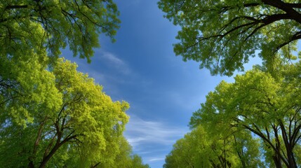 Fototapeta premium Lush Green Canopy of Trees Framing a Bright Blue Sky at Midday, Serene Nature Scene for Relaxation and Inspiration, Vibrant Landscape Photography