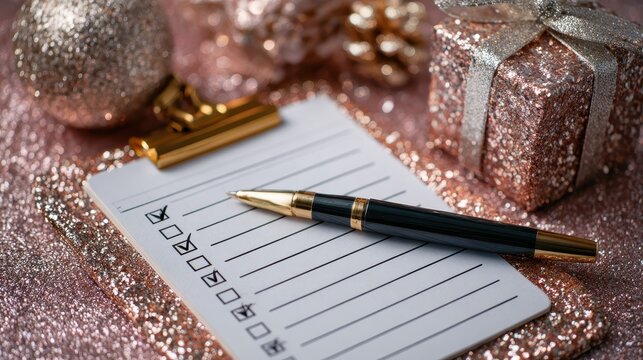 Elegant Checklist and Pen on Sparkling Holiday Background
