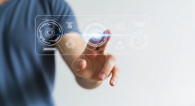 Man Interacting with Futuristic Touchscreen Technology Interface