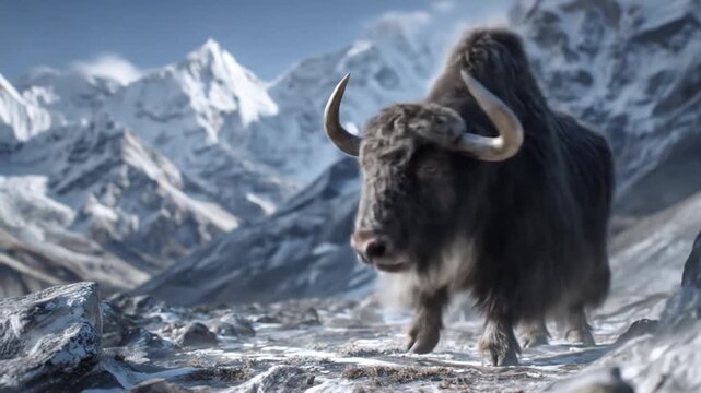 Majestic yak standing on snowy terrain with mountain peaks in background