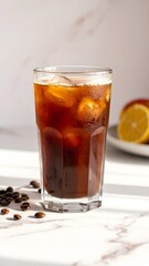 Glass of Dark Cold Brew Coffee on Clean Marble Surface Minimal Style