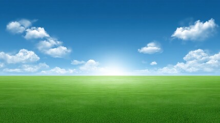 Scenic view of clear blue sky with white clouds and vibrant green grass landscape during sunny day in serene natural environment