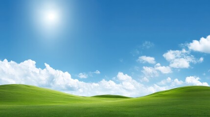 Fototapeta premium Expansive Green Landscape Under Bright Blue Sky with Soft White Clouds and Radiant Sunlight Illuminating a Serene Natural Environment